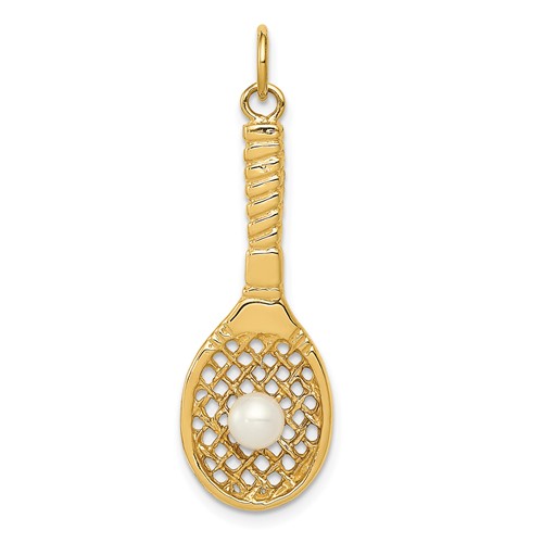 14K Yellow Gold Tennis Racquet Charm with Freshwater Cultured Pearl Ball