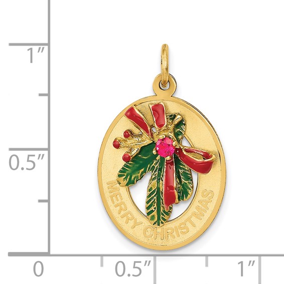 14k Enameled MERRY CHRISTMAS Mistletoe with Synthetic Stone Charm