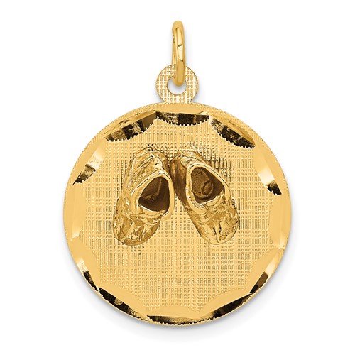 14K Yellow Gold Small Solid Engravable Baby Shoes on 19mm Disc Charm