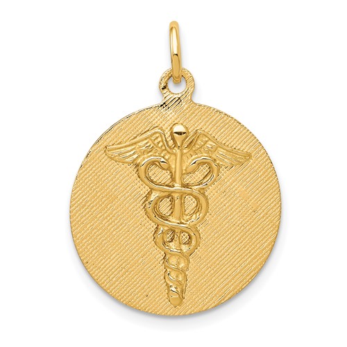 14K Yellow Gold Engravable Back Caduceus Disc Charm