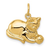 14K Yellow Gold Solid Polished Open-Backed Cat Charm with Ball view 1