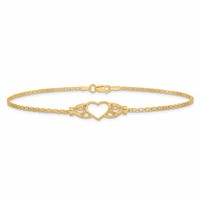14K Yellow Gold Polished Open Heart Anklet with Filigree and Bismark Chain, 10" view 3