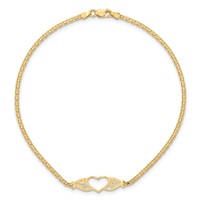 14K Yellow Gold Polished Open Heart Anklet with Filigree and Bismark Chain, 10" view 5