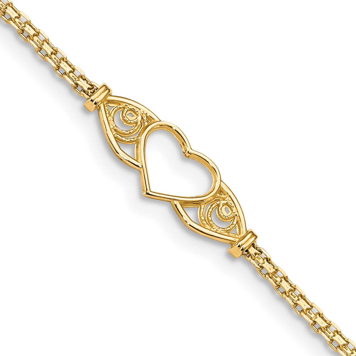 14k Polished Open Heart with Filigree and Bismark Chain 10 inch  Anklet (ANK118-10)