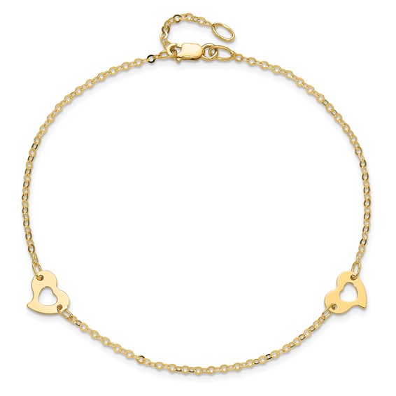 14k Polished Cut-out Heart 9 inch Plus 1 inch Extender - Total 10 inch Anklet