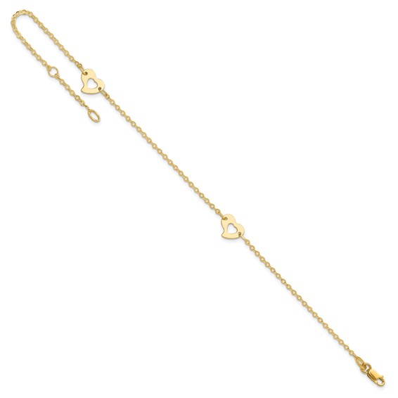 14k Polished Cut-out Heart 9 inch Plus 1 inch Extender - Total 10 inch Anklet