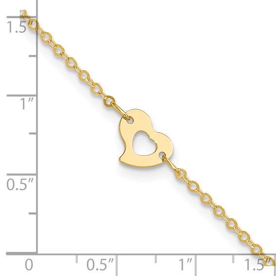 14k Polished Cut-out Heart 9 inch Plus 1 inch Extender - Total 10 inch Anklet