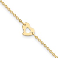 14K Yellow Gold Polished Cut-out Heart Plus 1 Inch Extender - Total 10 Inch Anklet, 9" view 1