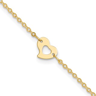14k Polished Cut-out Heart 9 inch Plus 1 inch Extender - Total 10 inch Anklet