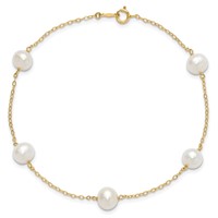 14K Yellow Gold 7-8mm White Near-Round Freshwater Cultured Pearl 5-Station Anklet, 9" view 4