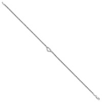 14K White Gold Diamond-cut Open Heart and Rope Chain Anklet, 10" view 2