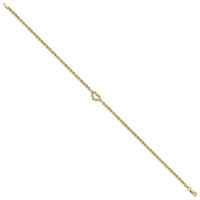 14K Yellow Gold Diamond-cut Open Heart and Rope Chain Anklet, 10" view 2