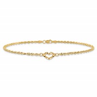 14K Yellow Gold Diamond-cut Open Heart and Rope Chain Anklet, 10" view 3
