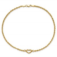 14K Yellow Gold Diamond-cut Open Heart and Rope Chain Anklet, 10" view 4