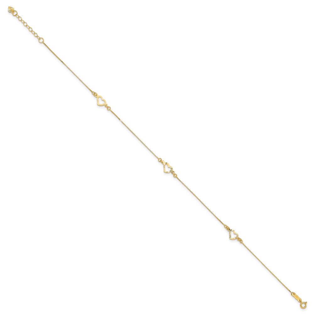 14k Diamond-cut Open Heart 3-Station 10 inch Anklet Plus 1 inch Heart Dangle Extender (ANK156-10)