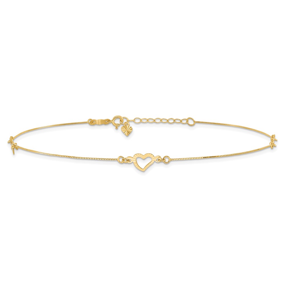 14k Diamond-cut Open Heart 3-Station 10 inch Anklet Plus 1 inch Heart Dangle Extender (ANK156-10)