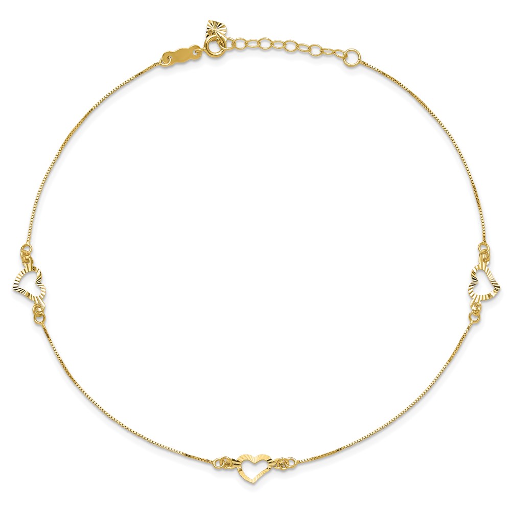 14k Diamond-cut Open Heart 3-Station 10 inch Anklet Plus 1 inch Heart Dangle Extender (ANK156-10)