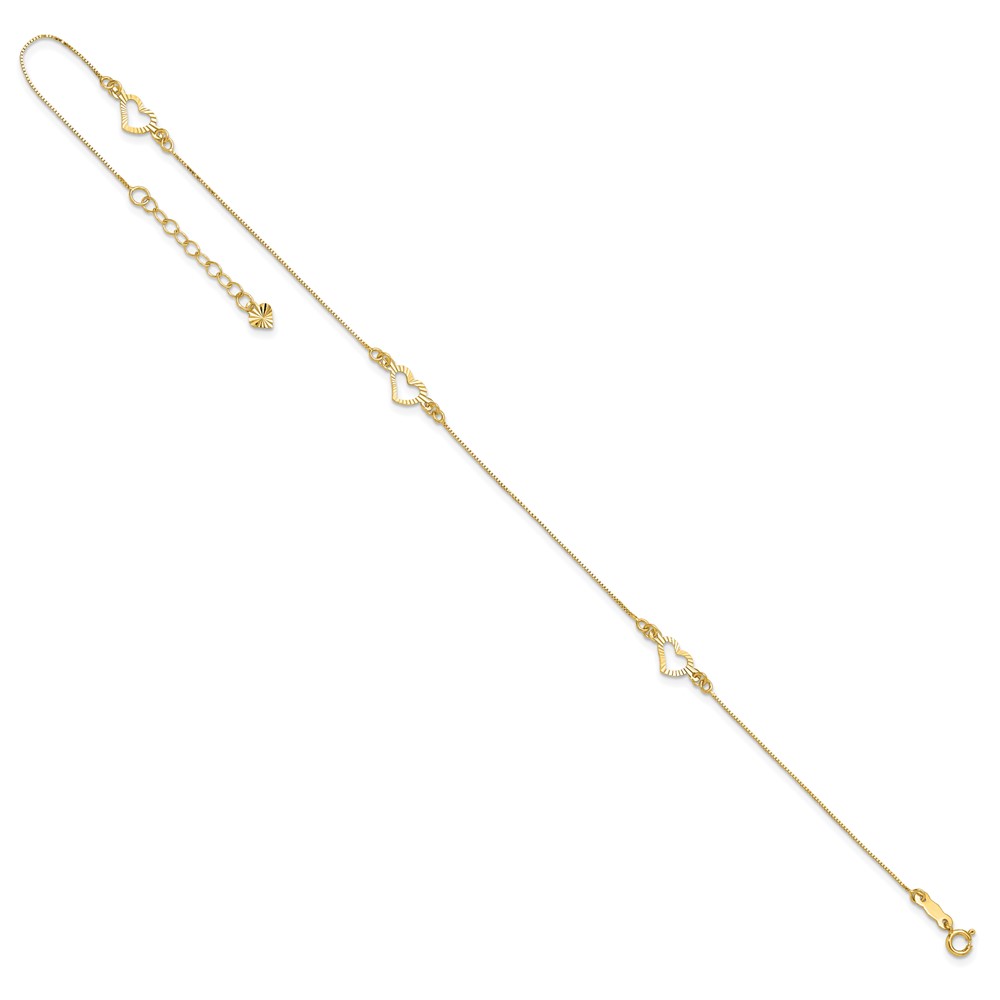14k Diamond-cut Open Heart 3-Station 10 inch Anklet Plus 1 inch Heart Dangle Extender (ANK156-10)