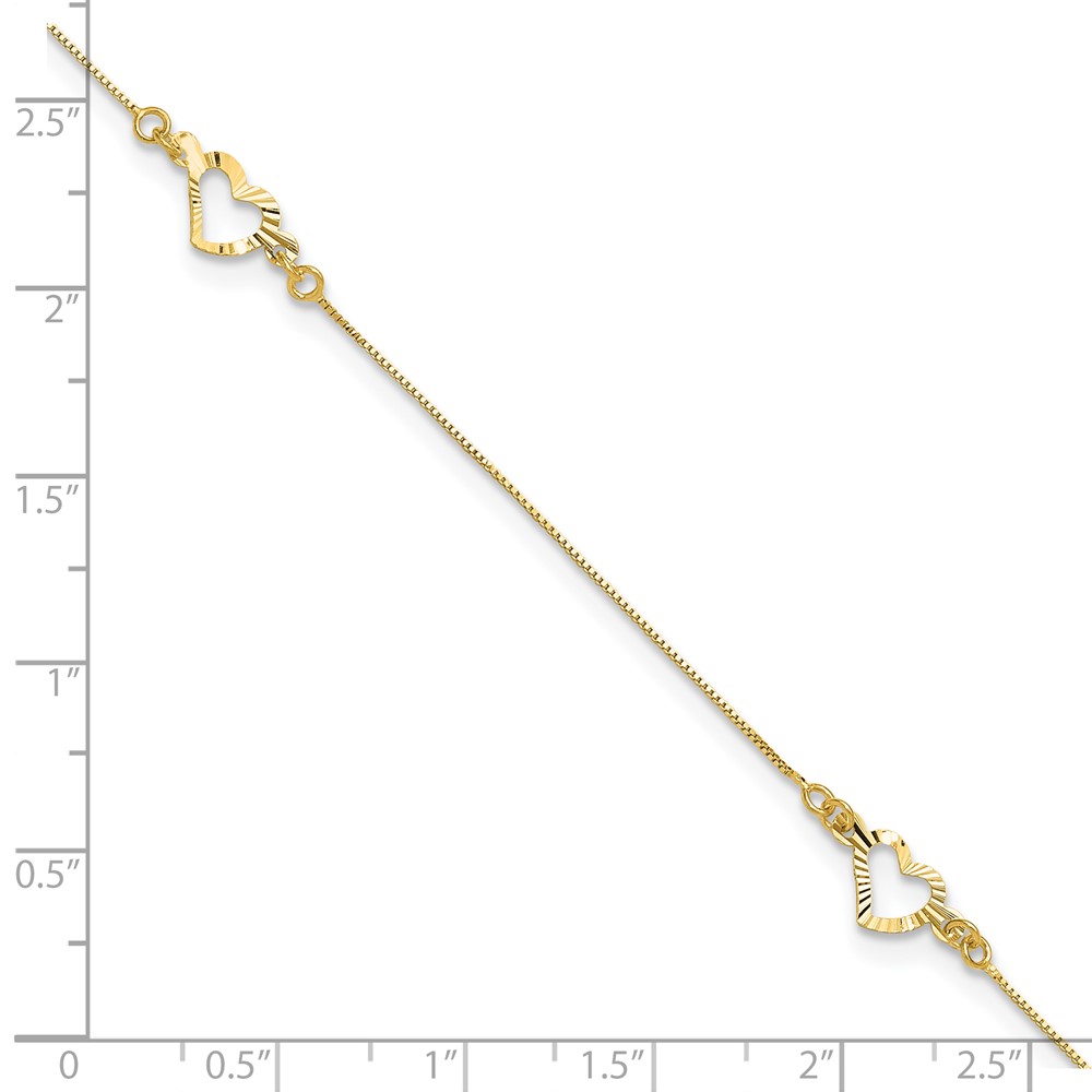 14k Diamond-cut Open Heart 3-Station 10 inch Anklet Plus 1 inch Heart Dangle Extender (ANK156-10)