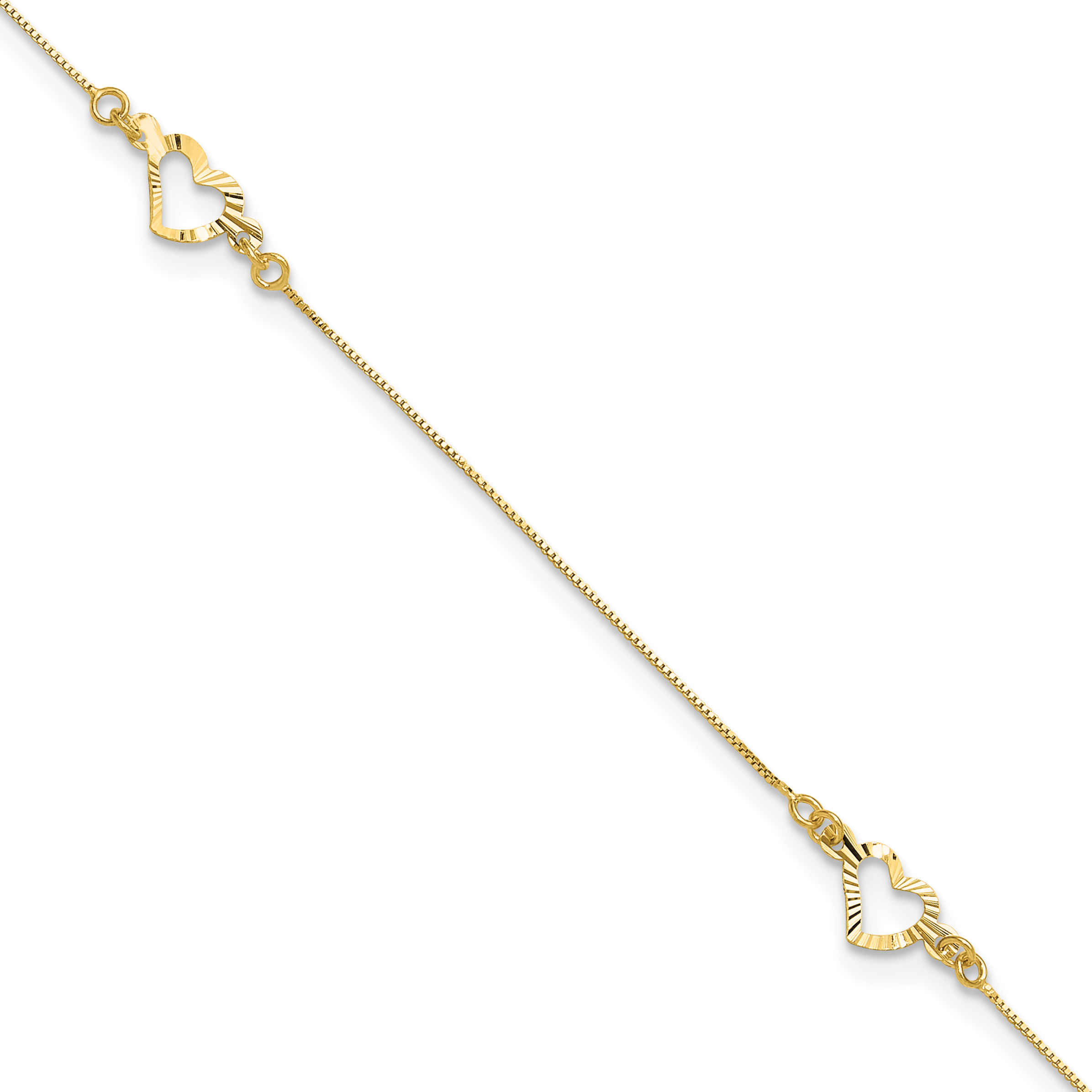 14k Diamond-cut Open Heart 3-Station 10 inch Anklet Plus 1 inch Heart Dangle Extender (ANK156-10)