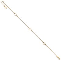 14K Yellow Gold Diamond-cut Open Heart 3-Station Plus 1 Inch Extender - Total 10 Inch Anklet, 9" view 2