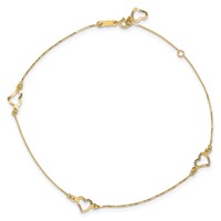 14K Yellow Gold Diamond-cut Open Heart 3-Station Plus 1 Inch Extender - Total 10 Inch Anklet, 9" view 4