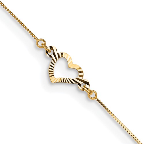 14K Yellow Gold Diamond-cut Open Heart 3-Station Plus 1 Inch Extender - Total 10 Inch Anklet, 9"
