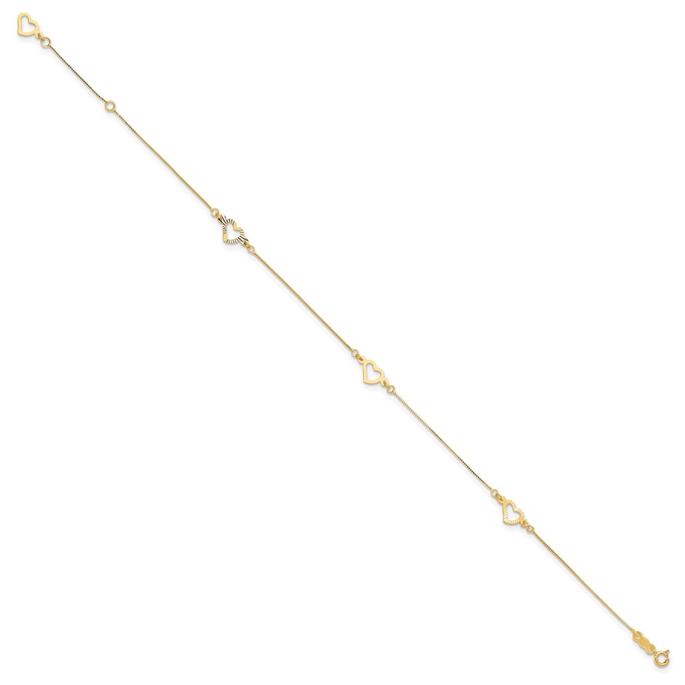 14K Fancy Open Hearts 3-Station 10 inch Anklet Plus 1 inch Heart Dangle Extender (ANK157-10)