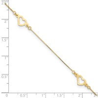 14K Yellow Gold Fancy Open Hearts 3-Station Plus 1 Inch Extender - Total 10 Inch Anklet, 9" view 4
