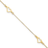 14K Yellow Gold Fancy Open Hearts 3-Station Plus 1 Inch Extender - Total 10 Inch Anklet, 9" view 1