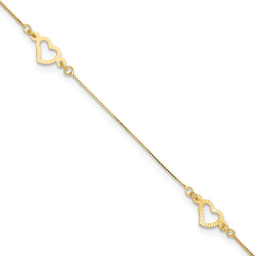 14K Fancy Open Hearts 3-Station 9 Inch Plus 1 Inch Extender - Total 10 Inch Anklet