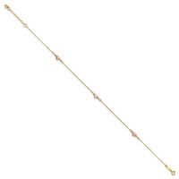 14K Tri-Color Puffed Hearts and Beads Plus 1 Inch Extender - Total 10 Inch Anklet, 9" view 2