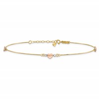 14K Tri-Color Puffed Hearts and Beads Plus 1 Inch Extender - Total 10 Inch Anklet, 9" view 3