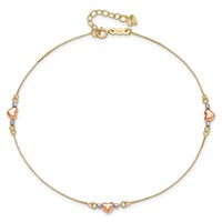 14K Tri-Color Puffed Hearts and Beads Plus 1 Inch Extender - Total 10 Inch Anklet, 9" view 5