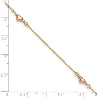 14K Tri-Color Puffed Hearts and Beads Plus 1 Inch Extender - Total 10 Inch Anklet, 9" view 4