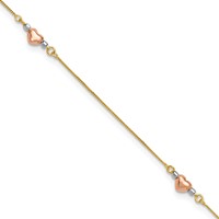 14K Tri-Color Puffed Hearts and Beads Plus 1 Inch Extender - Total 10 Inch Anklet, 9" view 1