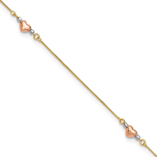 14K Tri-Color Puffed Hearts and Beads Plus 1 Inch Extender - Total 10 Inch Anklet, 9"