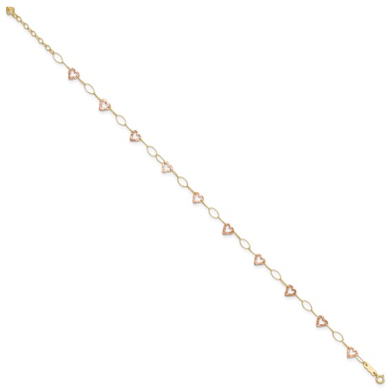 14k Two-tone Hammered Open Hearts and Oval Link 9 inch Plus 1 inch Extender - Total 10 inch Anklet
