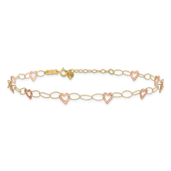 14k Two-tone Hammered Open Hearts and Oval Link 9 inch Plus 1 inch Extender - Total 10 inch Anklet