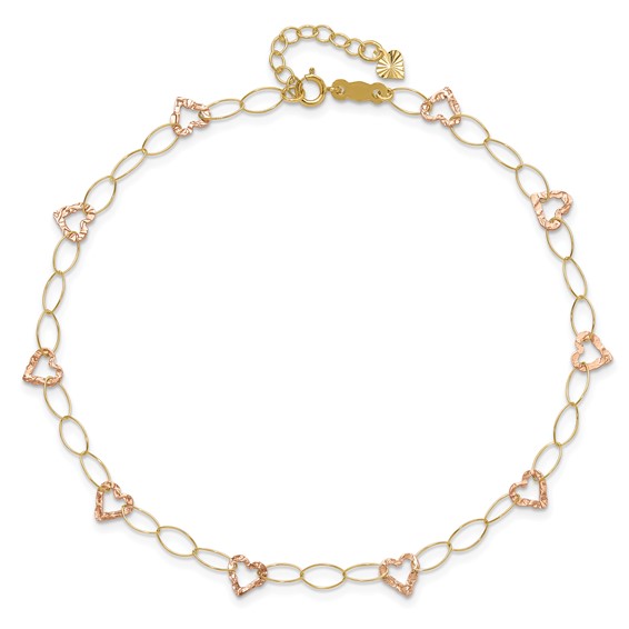 14k Two-tone Hammered Open Hearts and Oval Link 9 inch Plus 1 inch Extender - Total 10 inch Anklet