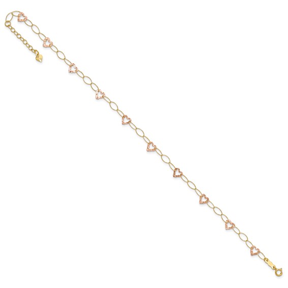 14k Two-tone Hammered Open Hearts and Oval Link 9 inch Plus 1 inch Extender - Total 10 inch Anklet