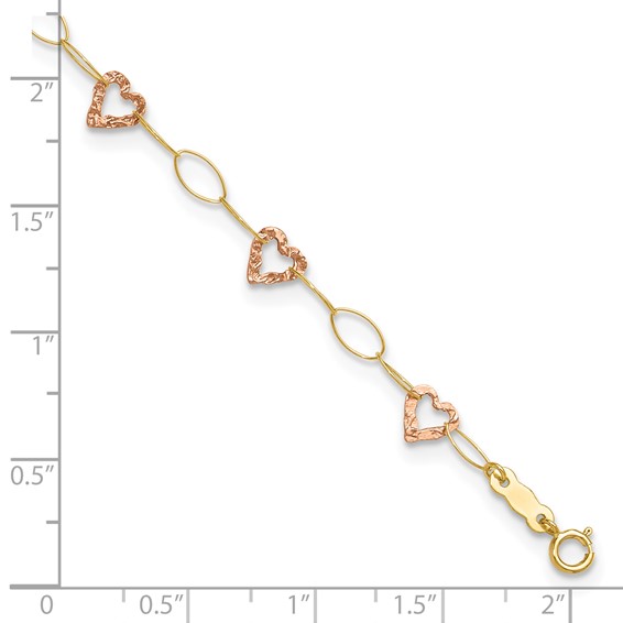 14k Two-tone Hammered Open Hearts and Oval Link 9 inch Plus 1 inch Extender - Total 10 inch Anklet
