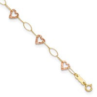 14K Two-tone Hammered Open Hearts and Oval Link Plus 1 Inch Extender - Total 10 Inch Anklet, 9" view 1