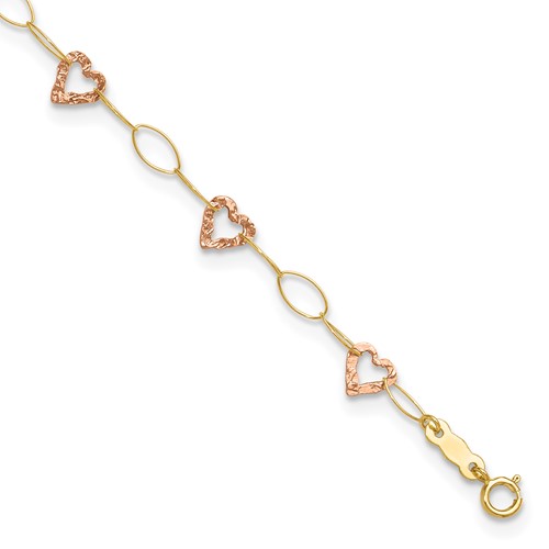 14K Two-tone Hammered Open Hearts and Oval Link Plus 1 Inch Extender - Total 10 Inch Anklet, 9"