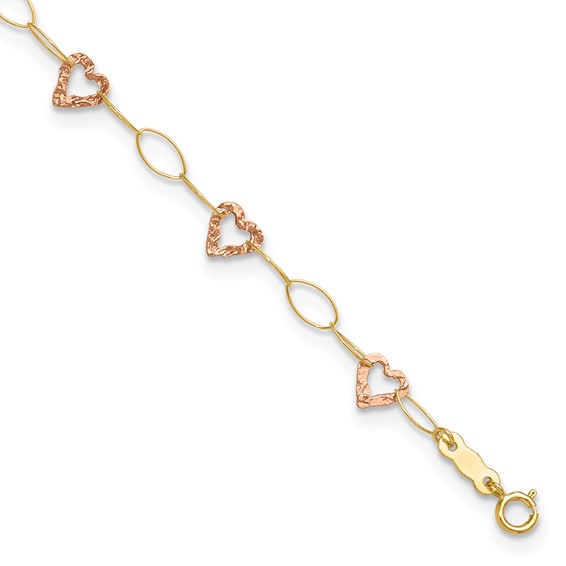 14k Two-tone Hammered Open Hearts and Oval Link 9 inch Plus 1 inch Extender - Total 10 inch Anklet