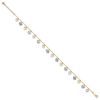 14K Tri-Color Dangle Hearts Plus 1 Inch Extender - Total 10 Inch Anklet - 9in view 2