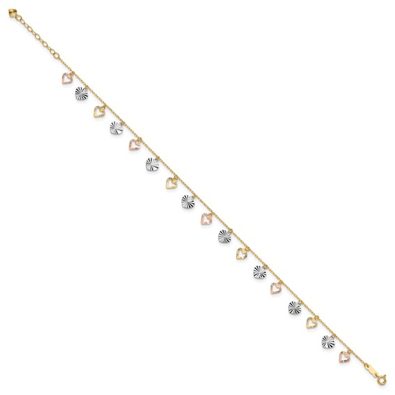 14K Tri-Color Dangle Hearts 9 inch Plus 1 inch Extender - Total 10 inch Anklet
