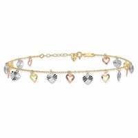 14K Tri-Color Dangle Hearts Plus 1 Inch Extender - Total 10 Inch Anklet - 9in view 3