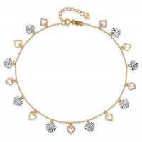 14K Tri-Color Dangle Hearts Plus 1 Inch Extender - Total 10 Inch Anklet - 9in view 4