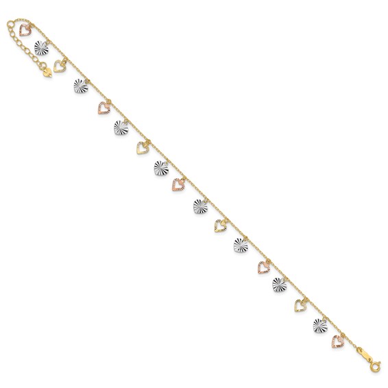 14K Tri-Color Dangle Hearts 9 inch Plus 1 inch Extender - Total 10 inch Anklet
